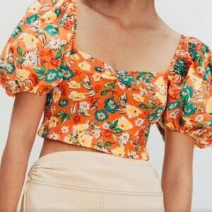 NWT Zara Orange Floral Crop Top Short Bubble Puff Sleeve